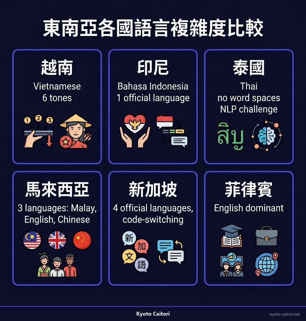 東南亞各國搜尋語言複雜度比較，含泰文無空格說明