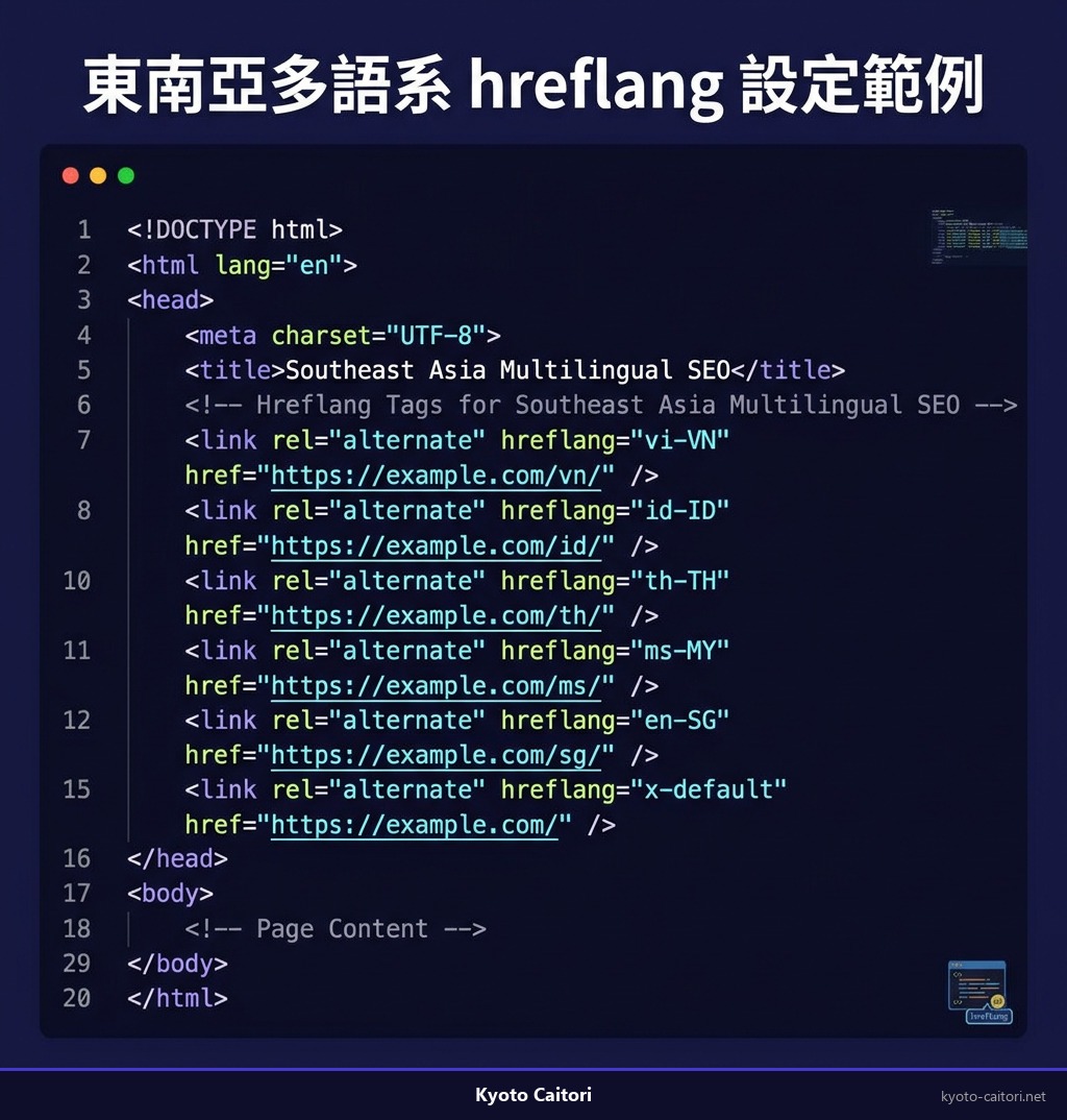 東南亞多語系 hreflang 設定範例，含 ms-MY、zh-Hans-MY、en-MY 標籤