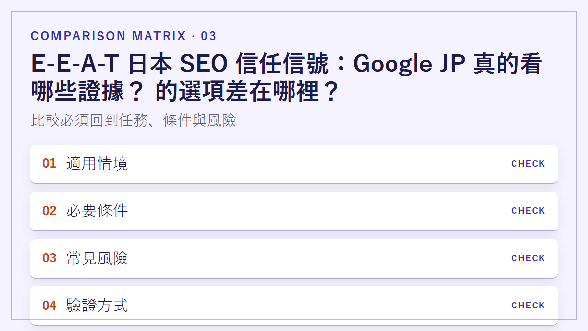 E-E-A-T 日本 SEO 信任信號：Google JP 真的看哪些證據？ 的選項差在哪裡？：比較必須回到任務、條件與風險