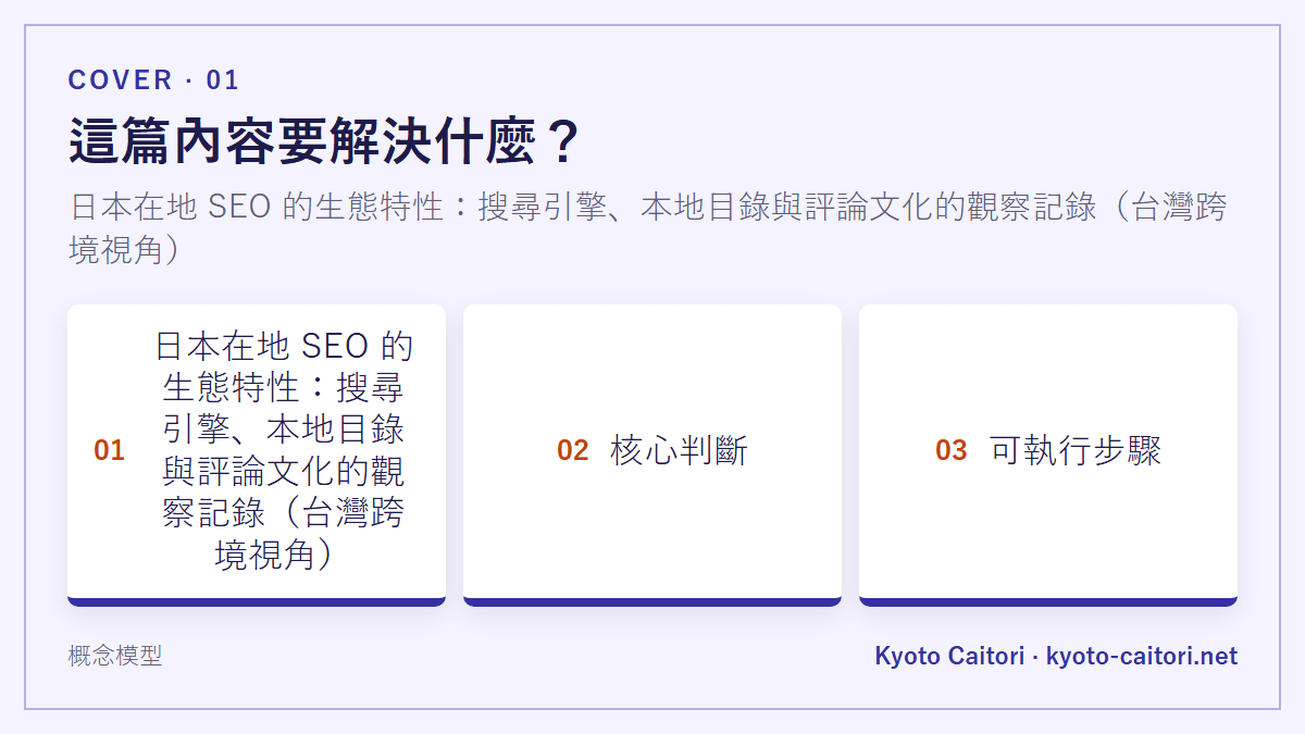 這篇內容要解決什麼？：日本在地 SEO 的生態特性：搜尋引擎、本地目錄與評論文化的觀察記錄（台灣跨境視角）